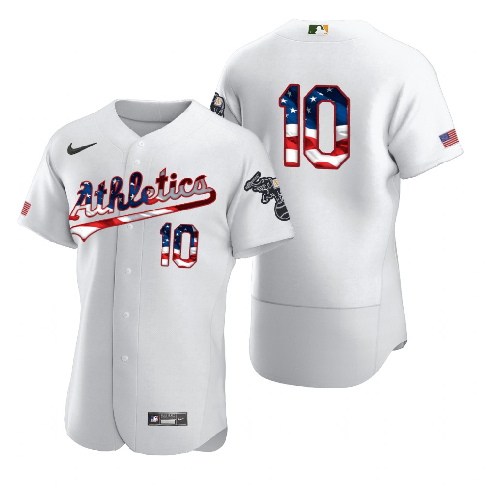 Oakland Athletics #10 Marcus Semien Men Nike White Fluttering USA Flag Limited Edition Authentic MLB Jersey